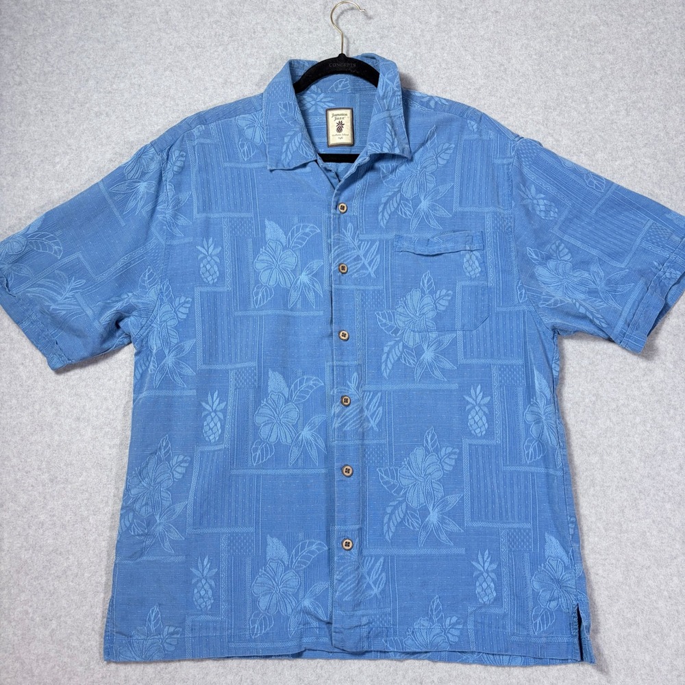 Jamaica Jaxx Mens Large Blue 100% Silk Jacquard Tropical Pineapple Camp Shirt